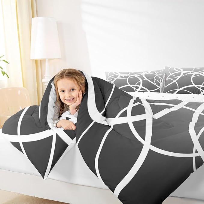 Castle Fairy Gray Gradient Comforter Set Queen Size,Geometric Circles Bedding Set for Kids Boys Girls Bedroom Decoration,Stripe Line Art Bed Duvet Insert,Modern Simplicity Comforter with 2 Pillowcase
