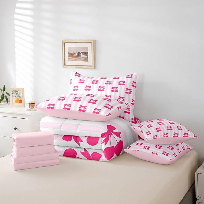 Feelyou Pink Girls Bow Bedding Set for All Season King Size Kawaii Cherry Prints 7 Pieces Comforter Sets for Boys Teens Decor Stripes Bed in a Bag with Comforter, Sheets, Pillowcases & Cushion Cover