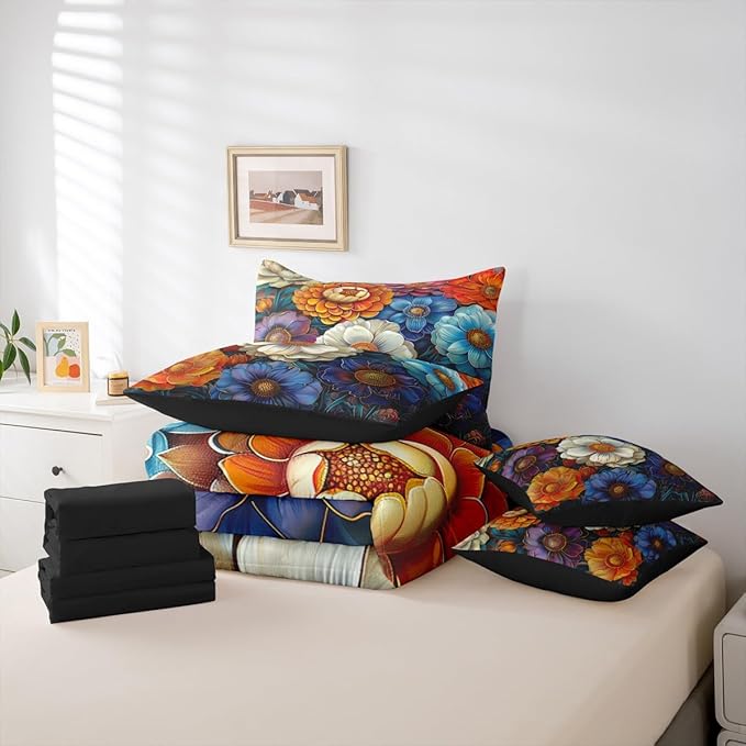 Erosebridal Floral King Comforter Set Boho Flowers 7-Piece Bed in A Bag Garden Pony Rainbow Colorful Dreamy Sheets and Pillowcases Gold White Bed Sets