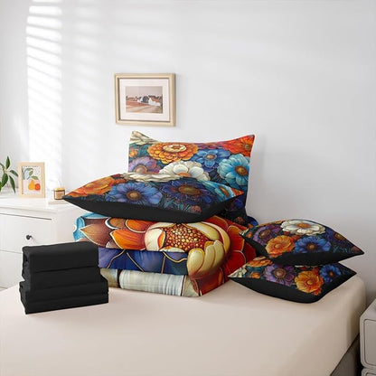 Erosebridal Floral King Comforter Set Boho Flowers 7-Piece Bed in A Bag Garden Pony Rainbow Colorful Dreamy Sheets and Pillowcases Gold White Bed Sets