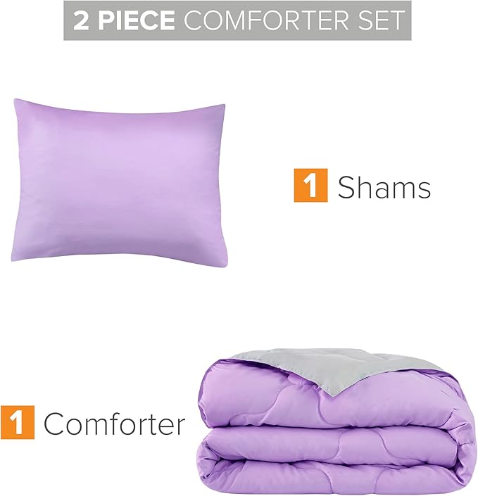 Comfort Spaces Vixie Reversible Comforter Set - Trendy Casual Geometric Quilted Cover, All Season Down Alternative Cozy Bedding, Matching Sham, Lavendar/Gray, Twin/Twin XL 2 piece