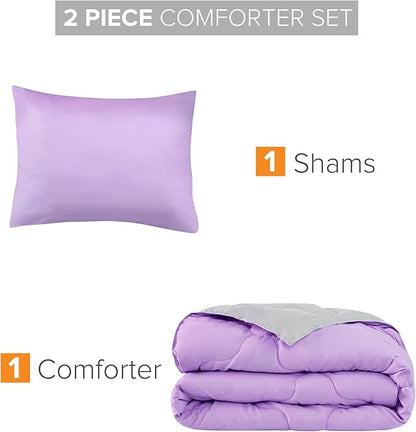 Comfort Spaces Vixie Reversible Comforter Set - Trendy Casual Geometric Quilted Cover, All Season Down Alternative Cozy Bedding, Matching Sham, Lavendar/Gray, Twin/Twin XL 2 piece