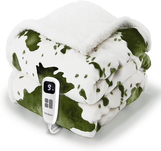 Cow Print Heated Throw Blanket Electric Blanket-Heating Blanket Throw with 10 Heat Levels & 10 Hours Auto-Off, Cozy Soft Fleece Sherpa, Washable, 50 x 60 Inches Cow Print Sage