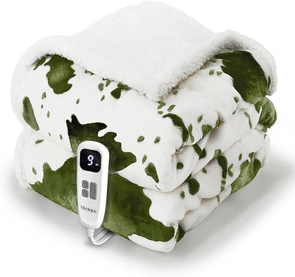Cow Print Heated Throw Blanket Electric Blanket-Heating Blanket Throw with 10 Heat Levels & 10 Hours Auto-Off, Cozy Soft Fleece Sherpa, Washable, 50 x 60 Inches Cow Print Sage