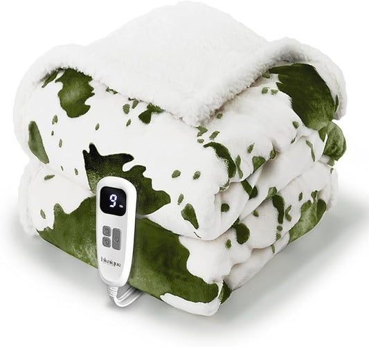 Cow Print Heated Throw Blanket Electric Blanket-Heating Blanket Throw with 10 Heat Levels & 10 Hours Auto-Off, Cozy Soft Fleece Sherpa, Washable, 50 x 60 Inches Cow Print Sage