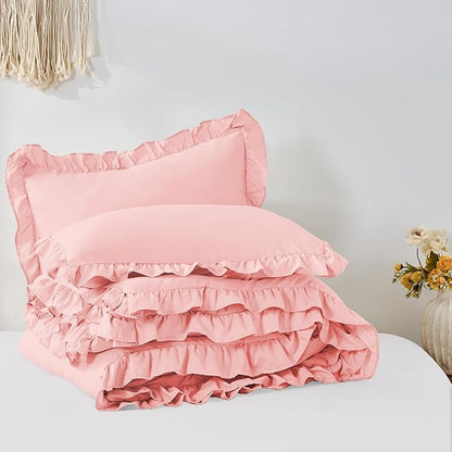 FUANNA Twin Comforter Set Pink, 2 Pieces Ruffle Twin Bed Set, Fluffy Twin Bedding Sets for All Seasons, Farmhouse Bed in a Bag with 1 Comforter & 1 Pillowsham