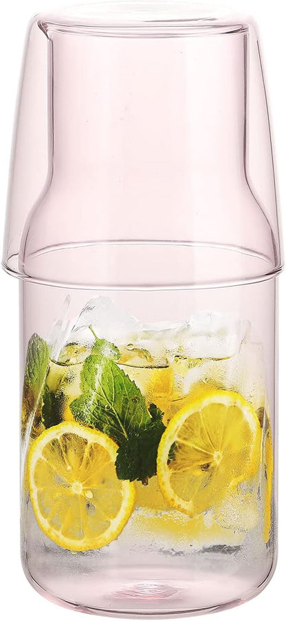 Bedside Carafe and Glass Cup, Bedside Water Carafe with Tumbler, 20oz Bedside Carafe with Cup for Guest Room Bathroom Living Room (A)
