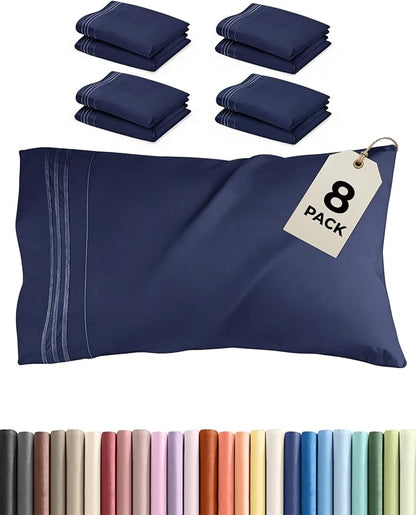Queen Pillow Cases Set of 8 - Ultra Soft Hotel Quality Pillowcase Covers - Comfy, Cozy & Wrinkle Free - Shrink, Stain and Fade Resistant - Machine Washable Pillow Protectors - 8 Piece Set - Navy Blue