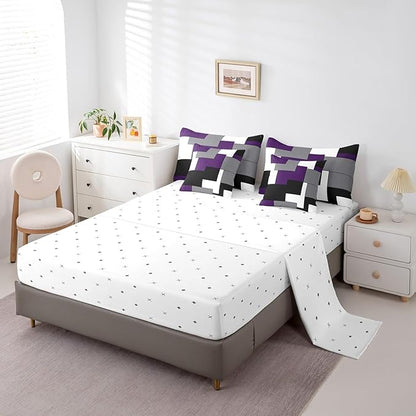 Erosebridal 7 Pcs Geometric Comforter Set Full Size,Square Bed in a Bag with Flat Fitted Sheet for Kids and Adults,Purple Black White Abstract Art Bedding Set with Pillowcases and Cushion Cases