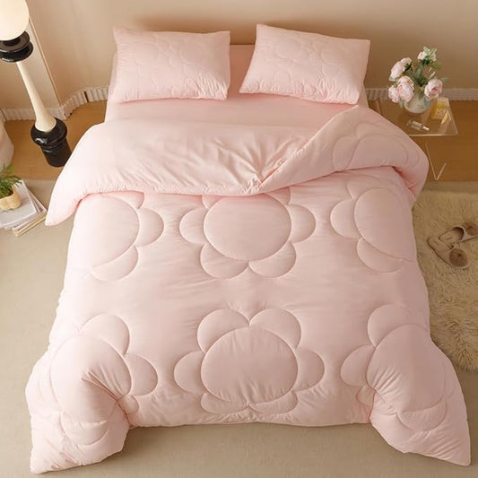 CLOTHKNOW Pink Blush Queen Comforter Set Daisy Puff Bedding Comforter Sets Soft Floral Queen Comforter Pink Comforter with 2 x Pillow Cases