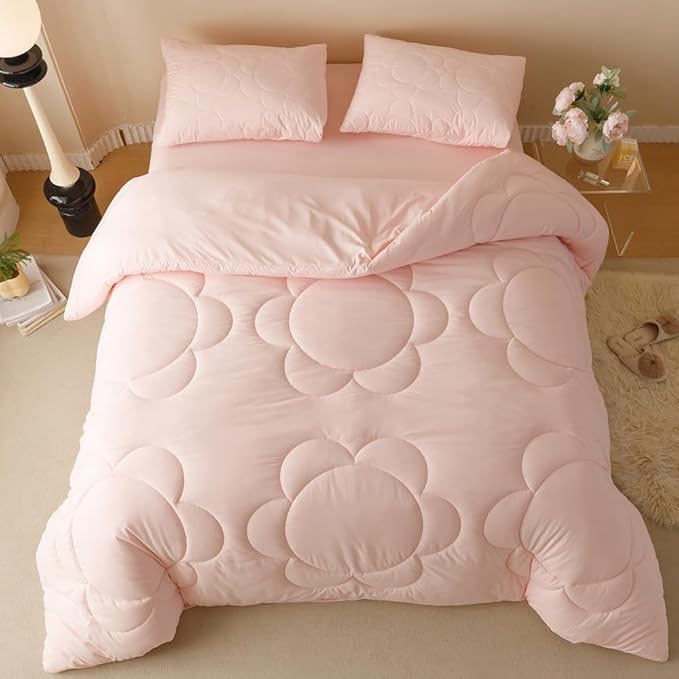 CLOTHKNOW Pink Blush Full Size Comforter Sets Daisy Puff Bedding Comforter Sets Soft Boho Comforter Pink Comforter with 2 x Pillow Cases