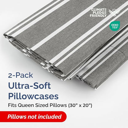 Queen Pillow Cases Set of 2 - Ultra Soft Hotel Quality Pillowcase Covers - Comfy, Cozy & Wrinkle Free - Shrinkage and Fade Resistant - Machine Washable Pillow Protectors - 2 Piece Set - Grey Stripes 3