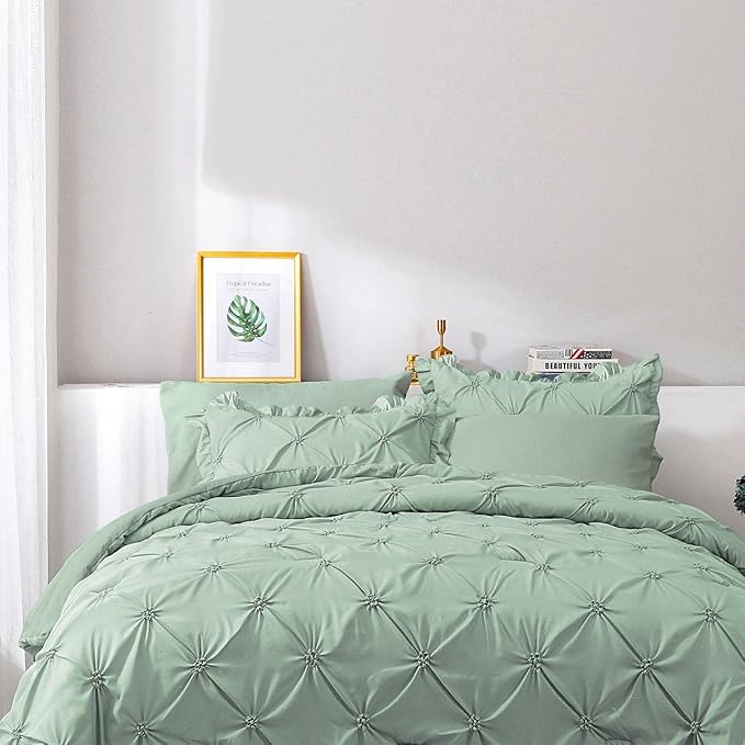 JOLLYVOGUE Green Cal King Size Comforter Sets 7 Pieces, Pintuck Bed in a Bag Comforter Set for Bedroom, Bedding Comforter Sets with Comforter, Sheets,Ruffled Shams & Pillowcases