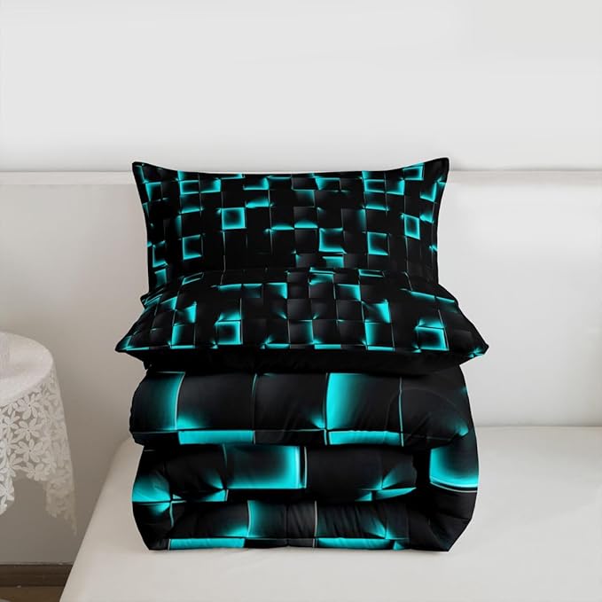 Erosebridal Neon Black Teal Boys Comforter Set Full Geometric Checkered Turquoise Bedding Set for Kids Teen Men Gaming Room Decor,Abstract Ombre Plaid Comforter Grids Quilt Duvet