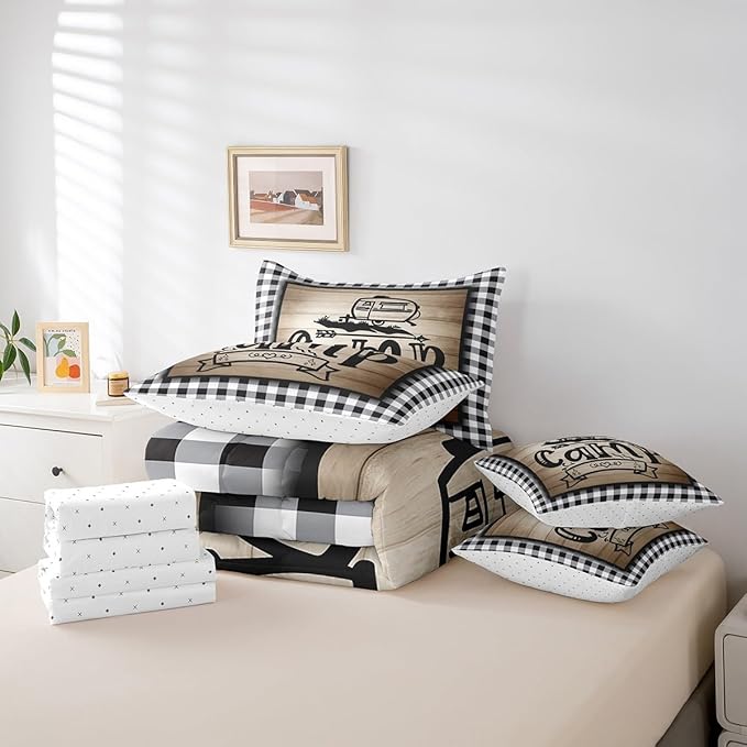 Erosebridal 7Pcs Full Size Kids Comforter Set with Sheets, Rv Camper Decor Bedding Set for Kids Black and White Buffalo Plaid Comforter Sets Bed in a Bag for Boys Girls Farmhouse Decor