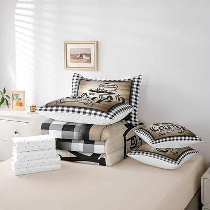 Erosebridal 7Pcs King Size Kids Comforter Set with Sheets, Rv Camper Decor Bedding Set for Kids Black and White Buffalo Plaid Comforter Sets Bed in a Bag for Boys Girls Farmhouse Decor