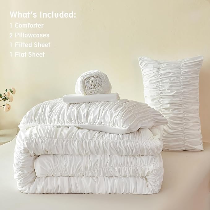 PERFEMET White Bedding Twin Size Set, 5 Pieces Fluffy Ruched Comforter Set, Luxury Soft Boho Chic Ruffled Bed in a Bag with Sheet, All Season Farmhouse Pleated Texture Bed Sets(White, Twin)