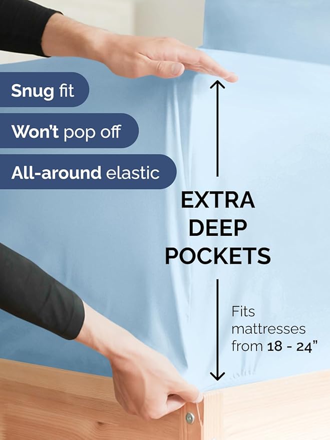 Extra Deep Full Sheet Set - 6 Piece Breathable and Cooling Sheets - Hotel Luxury Bedding for Women, Men, Kids & Teens - Easy & Secure Fit - Soft, Wrinkle Free & Comfy - Extra Deep Pockets - Light Blue