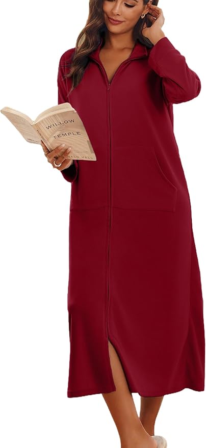 Ekouaer Women Zipper Robe Long Sleeves House Coat Soft Bathrobe Sleepwear with Pockets Housecoat Loungewear