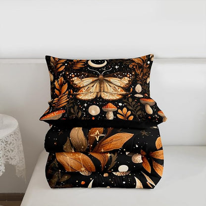 Erosebridal Orange Mushroom Comforter Set King, Gothic Moth Bedding Set for Kids Boys Girls Adults Gothic Bedroom Decor, Butterfly Vintage Plants Comforter, Moon and Starry Star Black Quilt