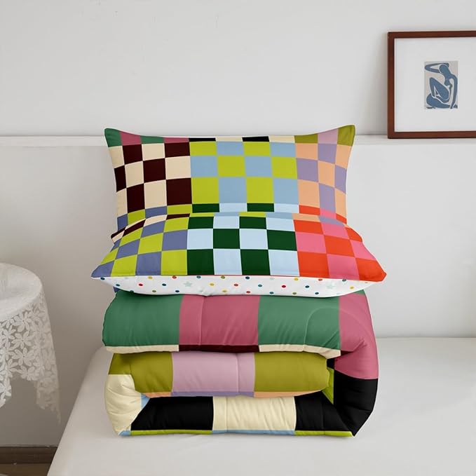 Feelyou Multicolored Checkered Retro Bedding Set Kids Boys Girls Geometric Vintage Comforter Set King Size Green Red Yellow Colorful Duvet Insert Modern Simple Groovy Aesthetic Room Decor
