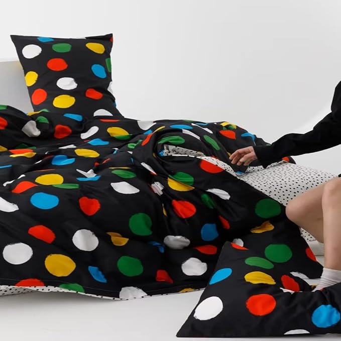 CLOTHKNOW Black Comforter Sets California King Colorful Dot Bedding Comforter Sets Men Boys Comforter White Yellow Green Blue Rust Ball Bedding Sets