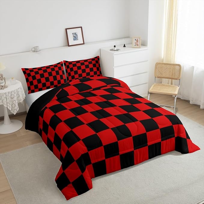 Feelyou Checkered Bedding Set Teen Women Men Red Black Plaid Comforter Set King Size Kids Boys Girls Cute Retro Neutral Checkerboard Geometric Duvet Insert Vintage Aesthetic Room Decor