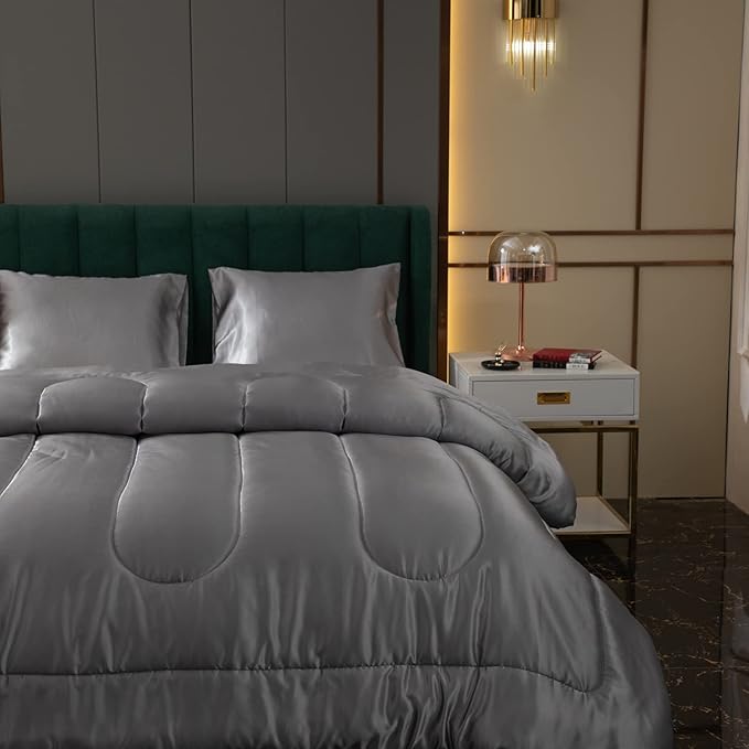 Satin Comforter Set - King Size, Luxury Hotel Style, Silk Like, Polyester Filling, 1 Comforter 2 Pillowcases (Grey)