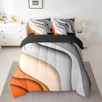 Grey Orange Gradient Bedding Comforter Sets 7pcs Kids Teens Adults Geometric Stripe Bed in a Bag, Aesthetic Wave Twin Bedding Sets Modern Abstract Comforter Set, Ombre Bedding Sets & Collections