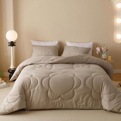 CLOTHKNOW Beige Coffee Daisy Puff Comforter Set California King 3Pcs Light Khaki Bedding Comforter Sets Floral Comforter Tan Bed Comforter Soft Oatmeal Comforter Cal King