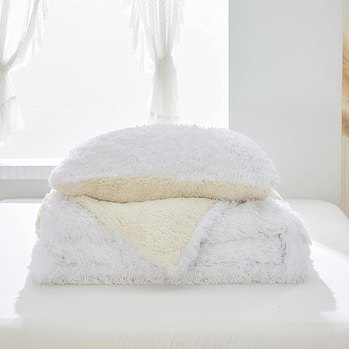 Flysheep Luxury Faux Fur Twin Size Winter Comforter Set Shaggy Velvet Pure White Long Hair, 3 Pieces Plush Flannel Sherpa Backing Reversible Soft Microfiber Super Warm Bedding Set for Holiday