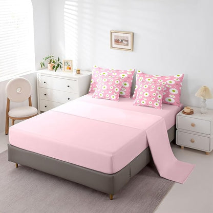 Feelyou Daisy Comforter Set with Sheets 7 Piece Twin Size Botanical Floral Printed Bed in a Bag Kids Boys Girls Blossom Flowers Pattern Bedding Set Pink Bedroom Decor Microfiber