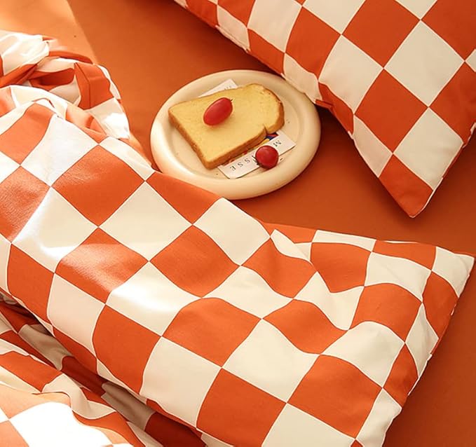 KAREVER Orange White Grid Comforter Set Queen Burnt Orange Plaid Bedding Set Women Reddish and White Checkered Bed Comforter Set Breathable Blanket Set Men Durable Bedding Comforter Set