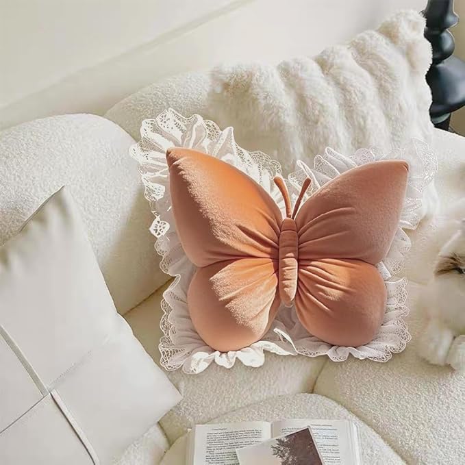 Butterfly Throw Pillow,21.6 inch Velvet Butterfly Decorative Pillow with Lace Trim,Animal Pillow for Couch Living Room Bed,Home Garden Decor (Orange)