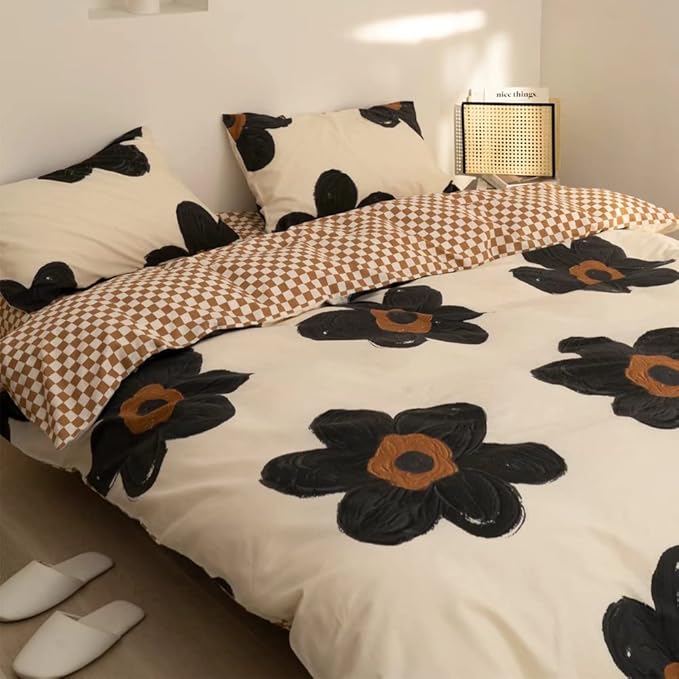 Pureant Black Sunflower Comforter Sets Twin Black and White Floral Bedding Comforters Cotton Women Girls Boho Black Botanical Quilts Large Flower Blankets Garden Adults Teens Bohemian Rustic Bedding