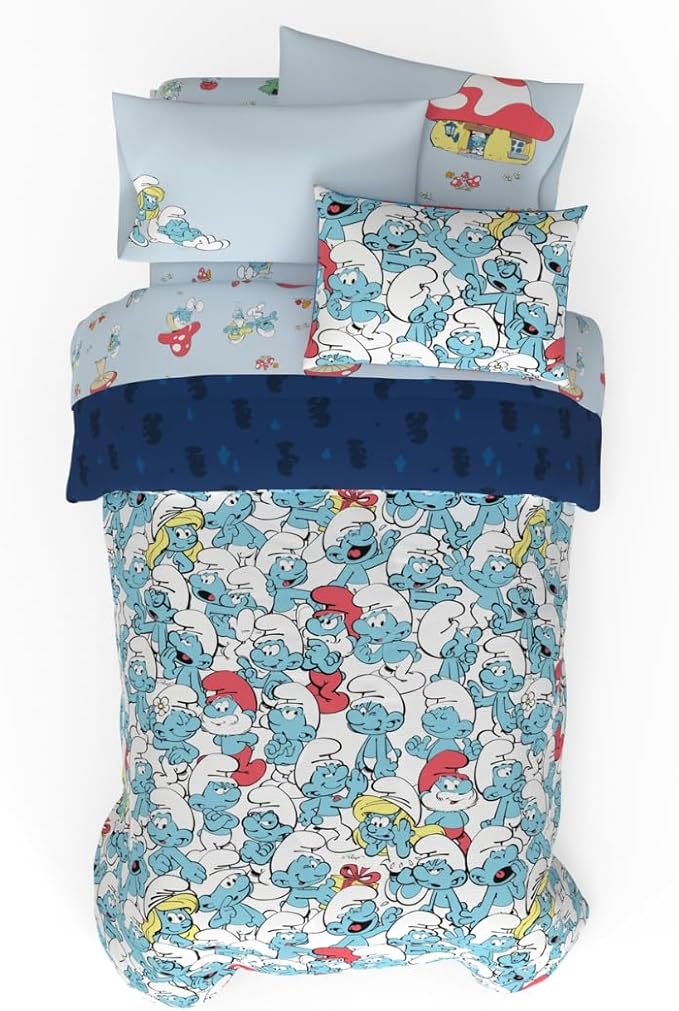 The Smurfs Kids Bedding Super Soft & Cozy Reverisble Microfiber Comforter and Sheet Set with Sham, 5 Piece Twin Size, (Officially Licensed Product) by Franco
