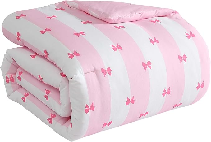 Betsey Johnson - Twin Comforter Set, Bonus Bedding Set with Matching Sham, Pillowcase & Reversible Plush Throw, Dorm Essentials (Bow Stripe Pink)