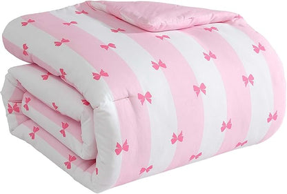 Betsey Johnson - Comforter Set, Super Soft Bedding with Matching Sham & Sheets, Includes Bonus Pillowcase & Reversible Plush Throw (Bow Stripe Pink, Queen)