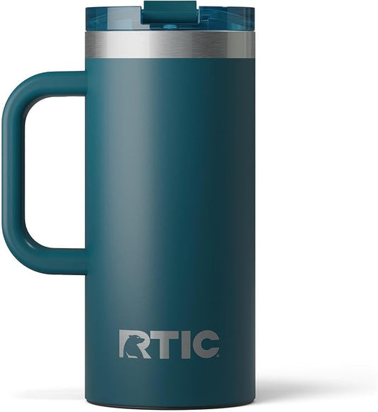 RTIC 16oz Road Trip Travel Mug with Lid and Handle, Ceramic Lined, Insulated, Stainless Steel, Metal, Double Wall Vacuum-Insulation, Portable Coffee, Tea Cup for Hot and Cold Drink, Marine