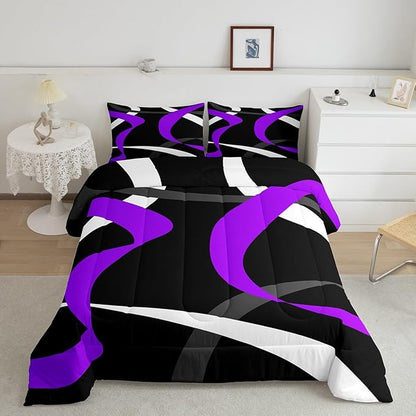 Erosebridal Grey Black Purple Bedding Comforter Sets Gray White Striped Abstract Bedding Set King for Girls Adults Men Women Geometric Stripes Down Comforter Modern Fashion Quilt Duvet