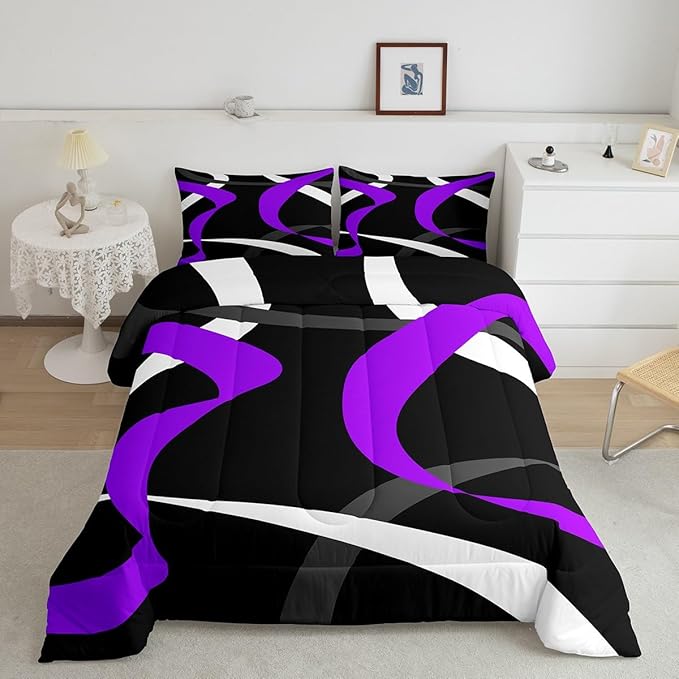 Erosebridal Grey Black Purple Bedding Comforter Sets Gray White Striped Abstract Bedding Set Queen for Girls Adults Men Women Geometric Stripes Down Comforter Modern Fashion Quilt Duvet
