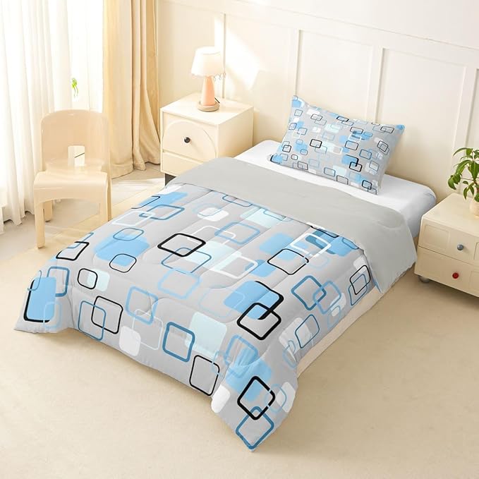 Erosebridal Cool Blue Geometric Square Kids Comforter Sets Abstract Minimalist Stripes Toddler Bedding Set for Girls Boys Modern Plaid Comforter Set Checkered Aesthetic Quilt Duvet 2 Pcs