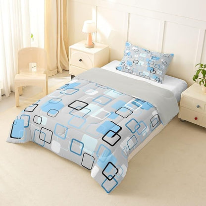 Erosebridal Cool Blue Geometric Square Kids Comforter Sets Abstract Minimalist Stripes Toddler Bedding Set for Girls Boys Modern Plaid Comforter Set Checkered Aesthetic Quilt Duvet 2 Pcs