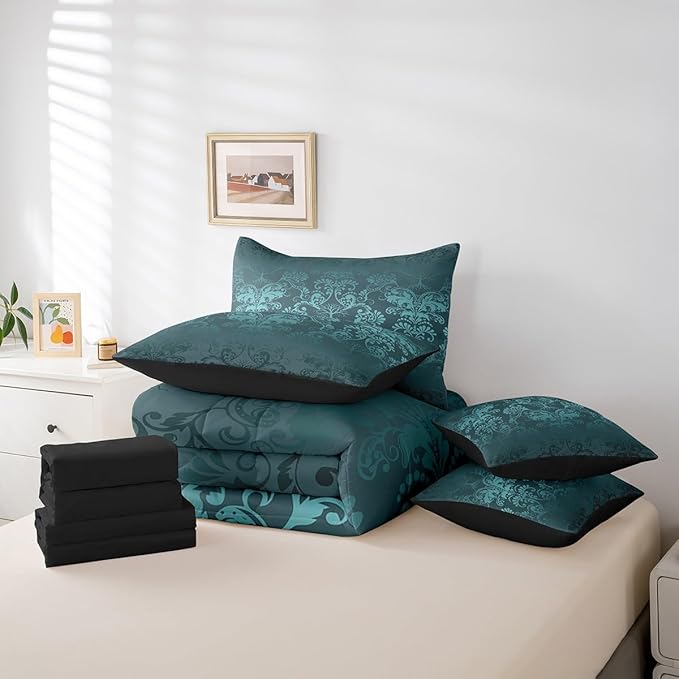 Erosebridal Gothic Damask Comforter Set 7 Piece Bed in a Bag Twin,Sun Moon Tree of Life Bedding Sets Turquoise Victorian Floral Goth Sheet Set with Comforter