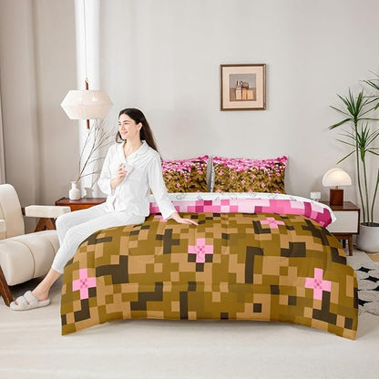 Castle Fairy Miner Theme Games 7 Piece Bedding Set Twin Size,Pixel Pink Brown Comforter & Sheet Sets Building Gamers Bed in a Bag Block Patchwork Flat & Fitted Sheets,4 Pillow Covers