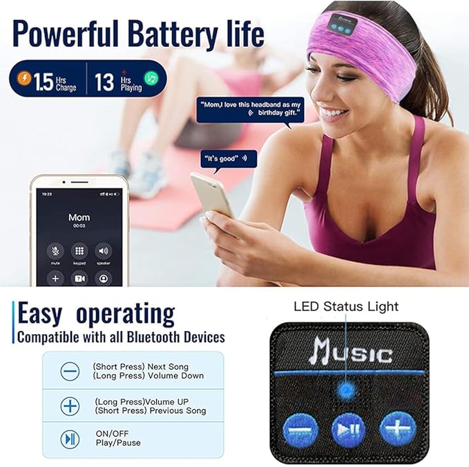 Wireless Sleep Headphones for Women - Bluetooth Headband for Side Sleepers with Adjustable Headband (Rose Red)