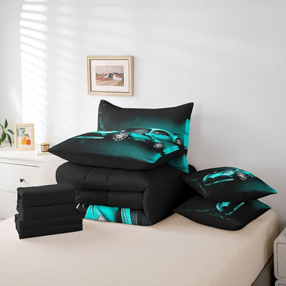 Feelyou Sports Car 7 Piece Bedding Set Teal Blue Race Car Comforter Set with Sheets for Kids Boys Girls Extreme Sports Theme Bed in a Bag Cool Speed Car Decor Bed Set with 1 Pillowcase Twin Size