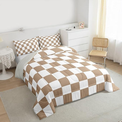 Feelyou Checkered Bedding Set for Boys Girls Brown Plaid Comforter Set Toddler Size Vintage Checkerboard Geometric Duvet Quilt Reversible Grey Bedroom Decor 2 Pcs with 1 Pillow Cases