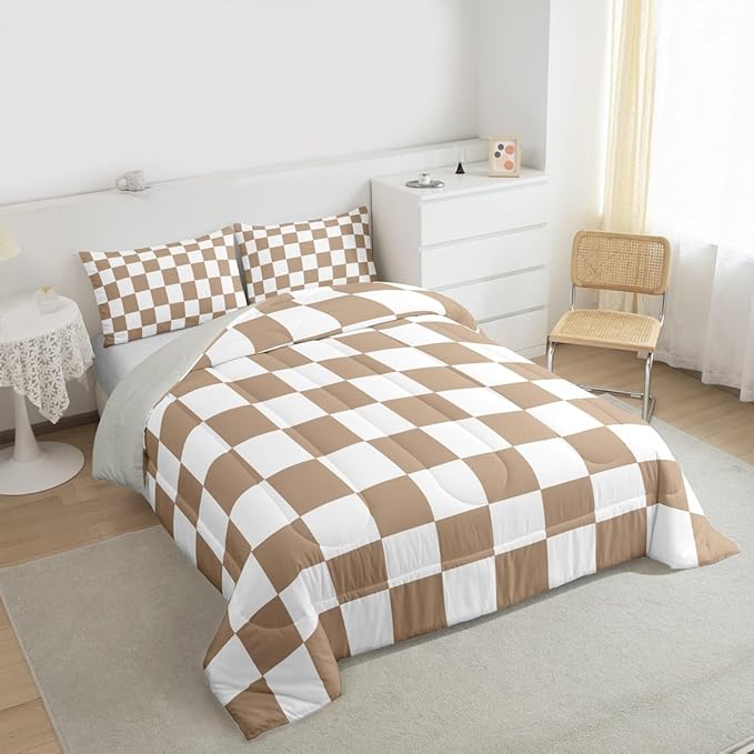 Feelyou Checkered Bedding Set for Boys Girls Brown Plaid Comforter Set Queen Size Vintage Checkerboard Geometric Duvet Quilt Reversible Grey Bedroom Decor 3 Pcs with 2 Pillow Cases
