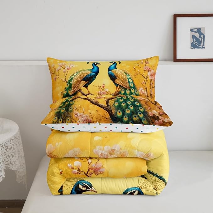 Peacock Twin Size Comforter Sets for Kids Boys Girls,Elegant Colorful Birds Bedding Sets Youth Men Bedroom Decor,Romantic Cherry Tree 2 Pieces Quilt Set,Exotic Feather Duvet Insert,Soft Fluffy